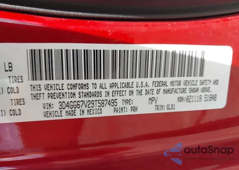 2009 Dodge Journey R/T z USA, uszkodzony, nr VIN 3D4GG67V29T587495